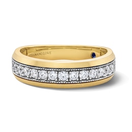 Vera Wang Men's 0.45 CT. T.W. Diamond Pavé and Blue Sapphire Wedding Band in 14K Gold