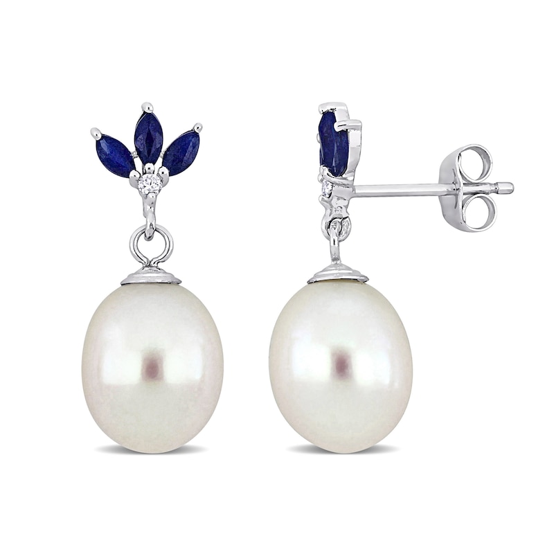 Baroque Cultured Pearl, Marquise-Cut Blue Sapphire and Diamond Accent Drop Earrings in Sterling Silver