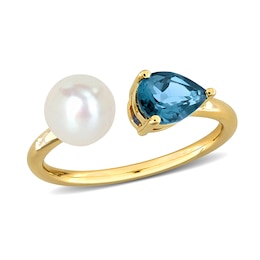Button Cultured Pearl and Pear-Shaped London Blue Topaz Open Ring in 10K Gold