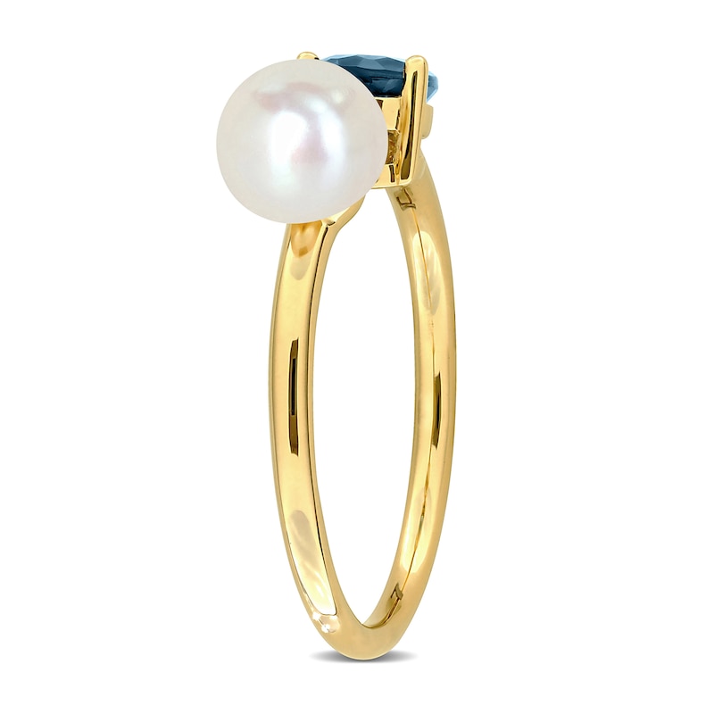 Button Cultured Pearl and Pear-Shaped London Blue Topaz Open Ring 10K Gold