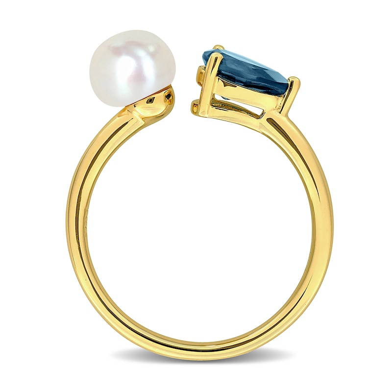 Button Cultured Pearl and Pear-Shaped London Blue Topaz Open Ring 10K Gold