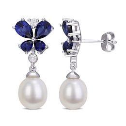 Baroque Cultured Pearl, Blue and White Lab-Created Sapphire Butterfly Drop Earrings in Sterling Silver