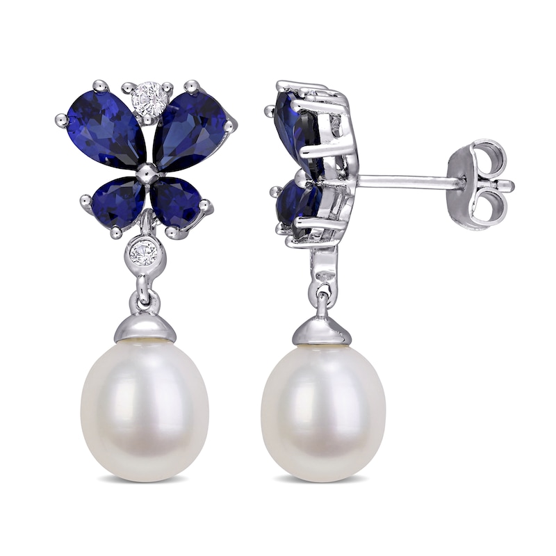 Baroque Cultured Pearl, Blue and White Lab-Created Sapphire Butterfly Drop Earrings in Sterling Silver