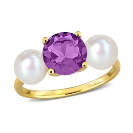 Amethyst and Button Cultured Pearl Three-Stone Ring in 10K Gold