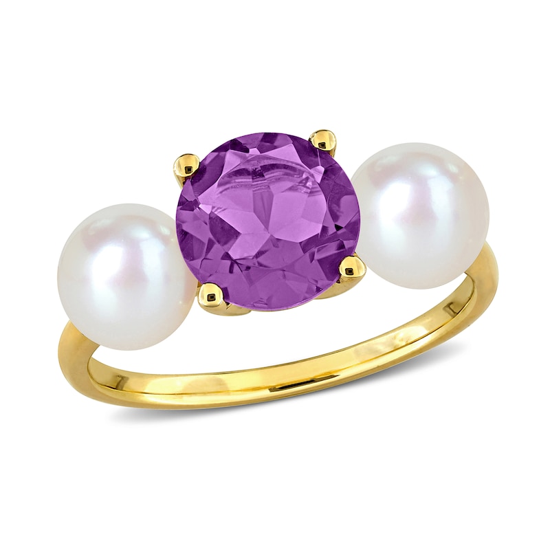 Amethyst and Button Cultured Pearl Three-Stone Ring 10K Gold