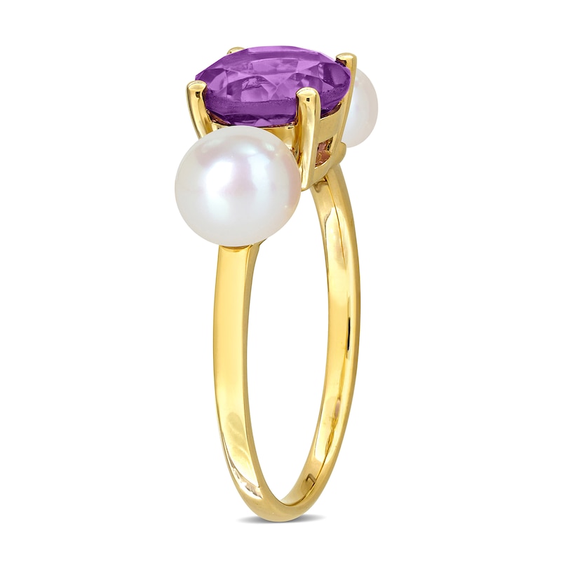 Amethyst and Button Cultured Pearl Three-Stone Ring 10K Gold