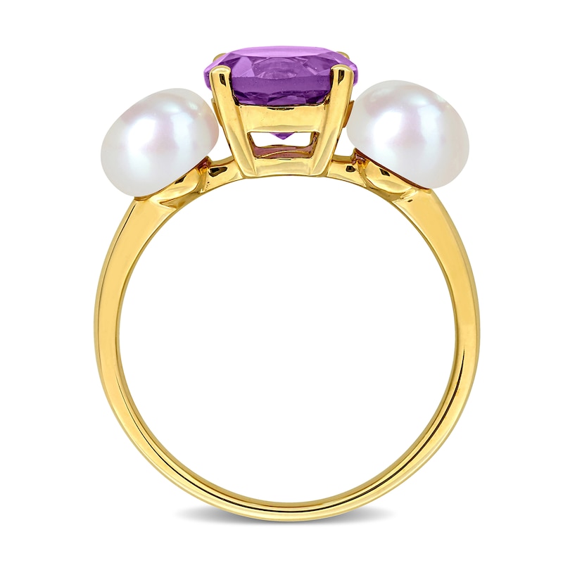Amethyst and Button Cultured Pearl Three-Stone Ring 10K Gold