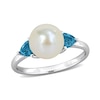 Thumbnail Image 1 of Button Cultured Pearl and Trillion-Cut London Blue Topaz Three-Stone Ring in 10K White Gold