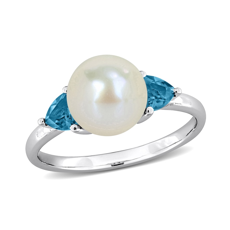 Button Cultured Pearl and Trillion-Cut London Blue Topaz Three-Stone Ring 10K White Gold