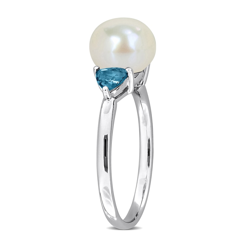 Button Cultured Pearl and Trillion-Cut London Blue Topaz Three-Stone Ring 10K White Gold