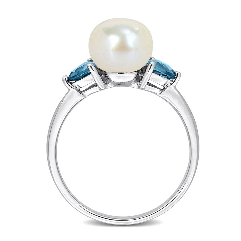Button Cultured Pearl and Trillion-Cut London Blue Topaz Three-Stone Ring 10K White Gold