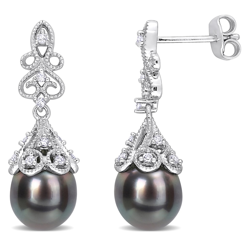 Tahitian Cultured Pearl and White Topaz Drop Earrings in Sterling Silver