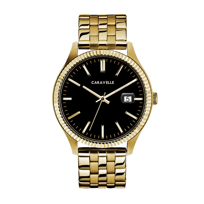 Men's Caravelle by Bulova Dress Quartz Gold-Tone IP Stainless Steel Watch with Black Dial (Model: 44B121)