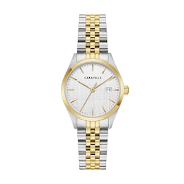 Ladies' Caravelle by Bulova Classic Quartz Two-Tone IP Stainless Steel Watch with Silver-White Dial (Model: 45M121)
