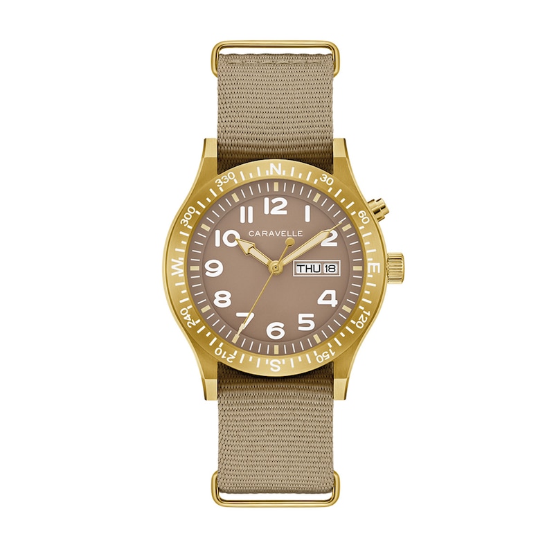 Men's Caravelle by Bulova Field Light Up Gold-Tone IP Stainless Steel Watch with Taupe Dial (Model: 44C113)