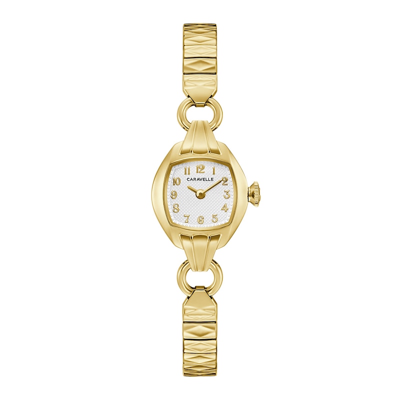 Ladies' Caravelle by Bulova Cocktail Classic Quartz Gold-Tone IP Stainless Steel Watch with Silver-White Dial (Model: 44L267)