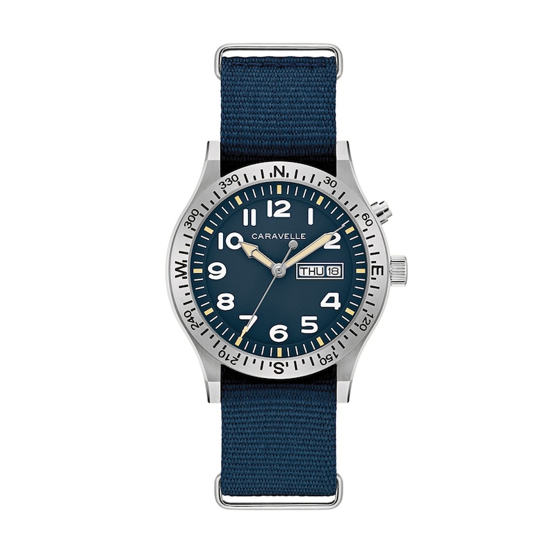 Men's Caravelle by Bulova Field Light Up Stainless Steel Watch with Dark Blue Dial (Model: 43C126)