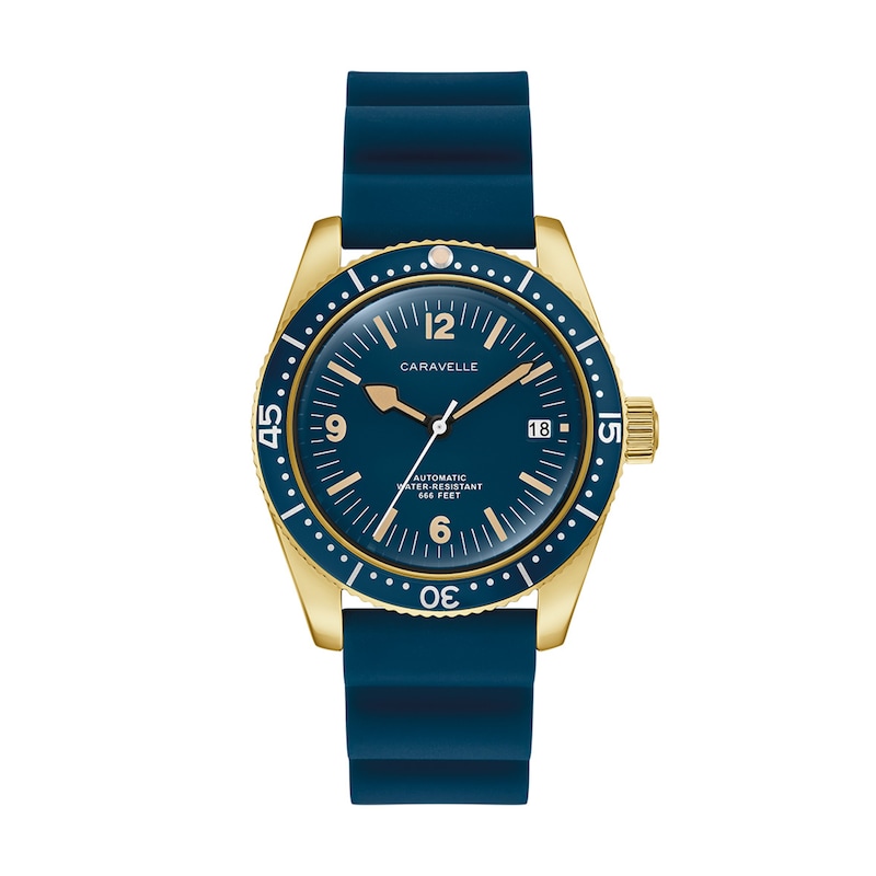 Men's Caravelle by Bulova Sea Hunter Automatic Gold-Tone IP Stainless Steel Watch with Blue Dial (Model: 44B129)
