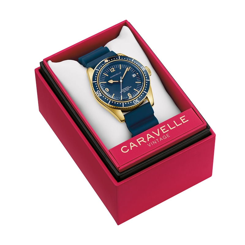 Men's Caravelle by Bulova Sea Hunter Automatic Gold-Tone IP Stainless Steel Watch with Blue Dial (Model: 44B129)