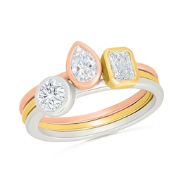 0.95 CT. T.W. Multi-Shape Certified Lab-Grown Diamond Three-Stone Engagement Ring in 10K Tri-Tone Gold (F/VS2)