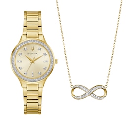 Ladies' Bulova Crystal Gold-Tone Stainless Steel Watch with Champagne Dial and Infinity Necklace Set (Model: 97X105)