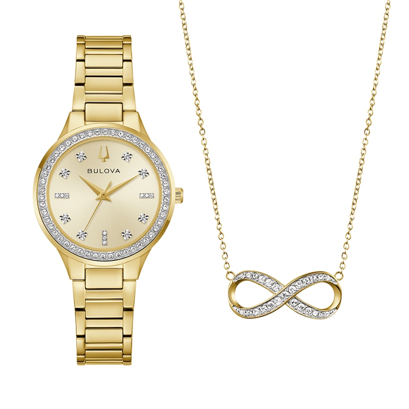 Ladies' Bulova Crystal Gold-Tone Stainless Steel Watch with Champagne Dial and Infinity Necklace Set (Model: 97X105)