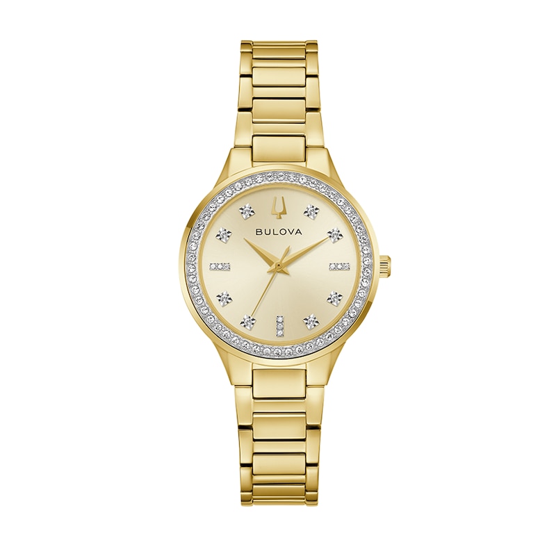 Ladies' Bulova Crystal Gold-Tone Stainless Steel Watch with Champagne Dial and Infinity Necklace Set (Model: 97X105)