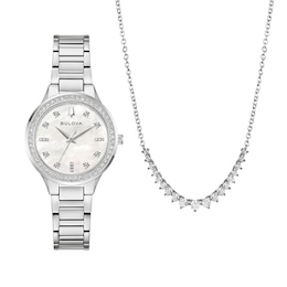 Ladies' Bulova Crystal Stainless Steel Watch with Mother-of-Pearl Dial and Necklace Set (Model: 96X167)