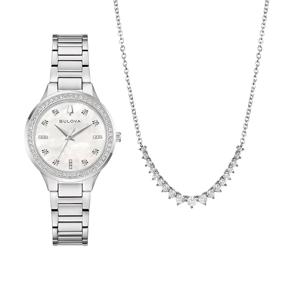 Ladies Bulova Crystal Stainless Steel Watch with MotherofPearl Dial