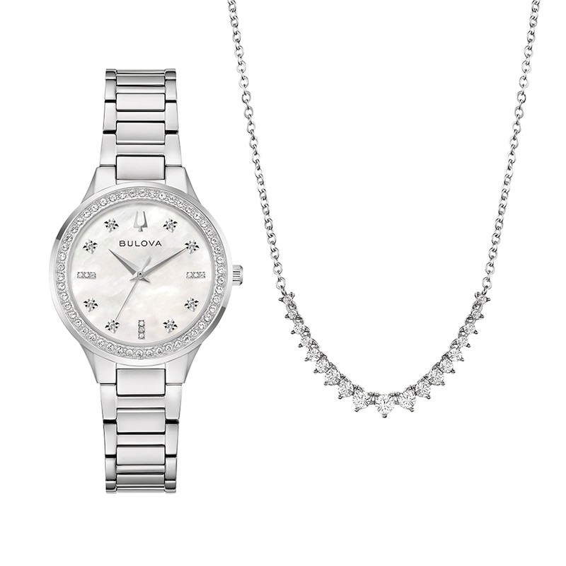 Main Image 1 of Ladies' Bulova Crystal Stainless Steel Watch with Mother-of-Pearl Dial and Necklace Set (Model: 96X167)