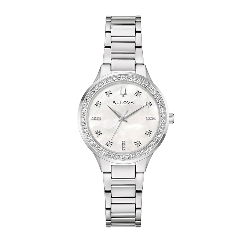 Main Image 2 of Ladies' Bulova Crystal Stainless Steel Watch with Mother-of-Pearl Dial and Necklace Set (Model: 96X167)