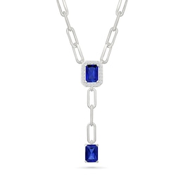 Emerald-Cut Blue Lab-Created Sapphire and White Lab-Created Sapphire Drop Necklace in Sterling Silver - 18"