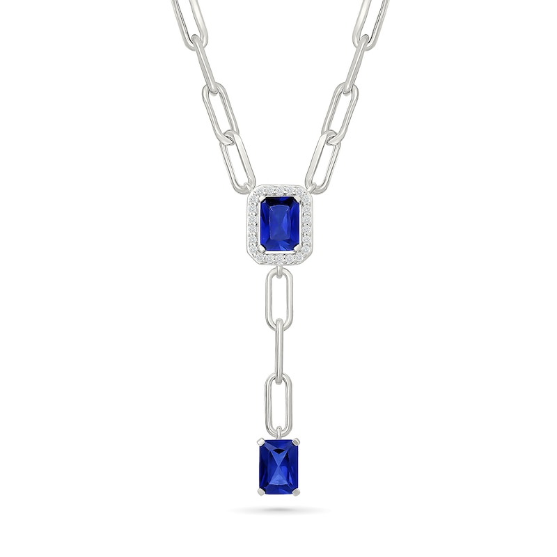 Emerald-Cut Blue Lab-Created Sapphire and White Lab-Created Sapphire Drop Necklace in Sterling Silver - 18"