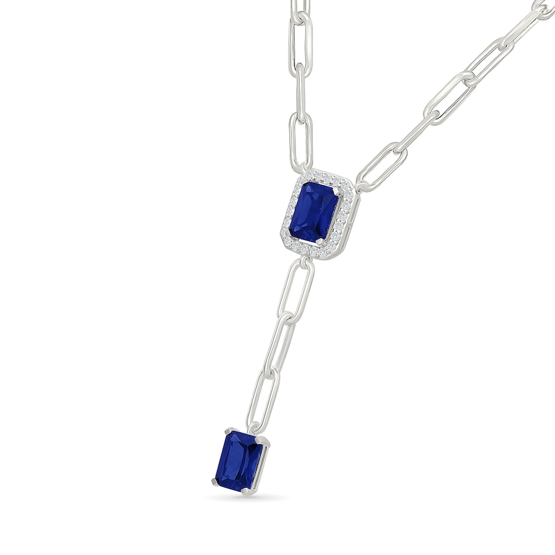 Emerald-Cut Blue Lab-Created Sapphire and White Lab-Created Sapphire Drop Necklace in Sterling Silver - 18"
