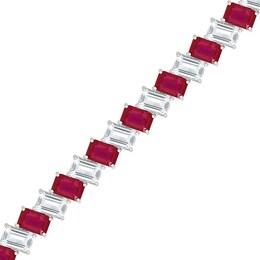 Emerald-Cut Lab-Created Ruby and White Lab-Created Sapphire Bracelet in Sterling Silver - 7.5"