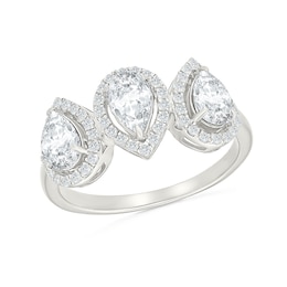 Pear-Shaped White Lab-Created Sapphire Three-Stone Frame Ring in Sterling Silver
