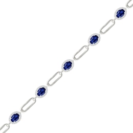 Oval Blue Lab-Created Sapphire and White Lab-Created Sapphire Paper Clip Link Bracelet in Sterling Silver - 7.25"