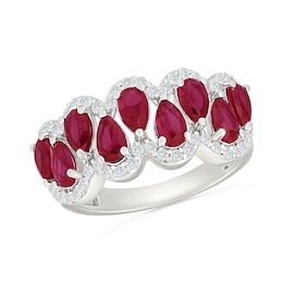 Pear-Shaped Lab-Created Ruby and White Lab-Created Sapphire Alternating Ring in Sterling Silver