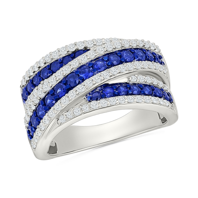 Blue Lab-Created Sapphire and White Crisscross Multi-Row Ring Sterling Silver