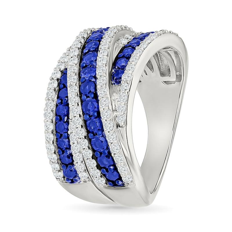 Blue Lab-Created Sapphire and White Crisscross Multi-Row Ring Sterling Silver