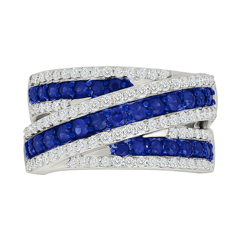 Blue Lab-Created Sapphire and White Crisscross Multi-Row Ring Sterling Silver