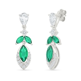 Marquise-Cut Lab-Created Emerald and White Lab-Created Sapphire Drop Earrings in Sterling Silver