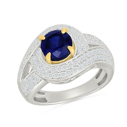 Blue Lab-Created Sapphire and White Lab-Created Sapphire Ring in Sterling Silver and 10K Gold