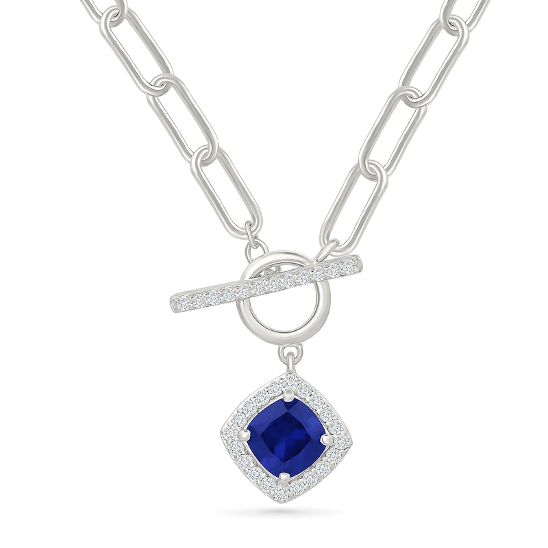 Cushion-Cut Blue Lab-Created Sapphire and White Lab-Created Sapphire Toggle Necklace in Sterling Silver - 18"