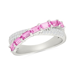 Baguette-Cut Pink Lab-Created Sapphire and White Lab-Created Sapphire Crossover Ring in Sterling Silver