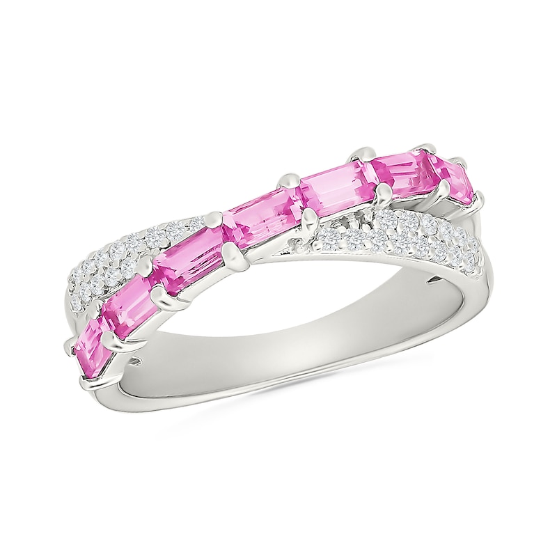 Baguette-Cut Pink Lab-Created Sapphire and White Crossover Ring Sterling Silver