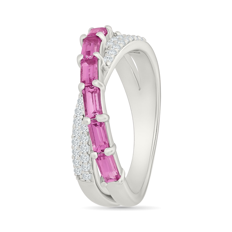 Baguette-Cut Pink Lab-Created Sapphire and White Crossover Ring Sterling Silver