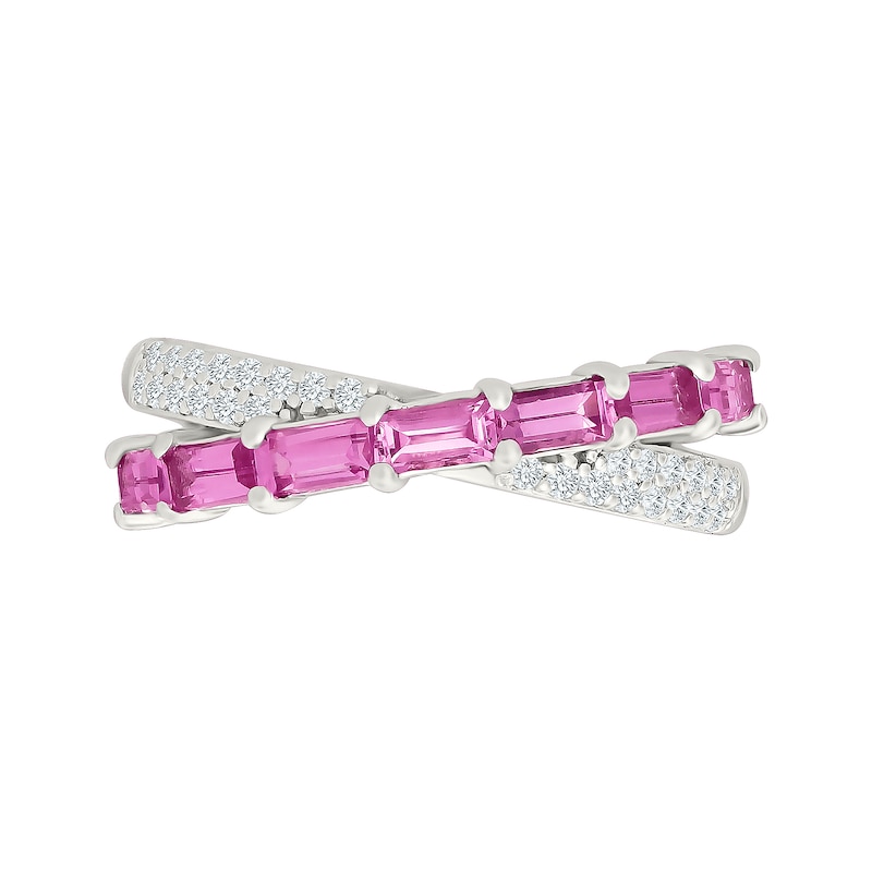 Baguette-Cut Pink Lab-Created Sapphire and White Crossover Ring Sterling Silver