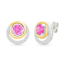 Pink and White Lab-Created Sapphire Stud Earrings in Sterling Silver and 10K Gold