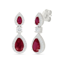 Pear-Shaped Lab-Created Ruby and White Lab-Created Sapphire Drop Earrings in 10K White Gold